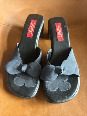 Vintage 90s Esprit Wildflower Platform Slide Sandals Navy Bow Size 8 Y2K